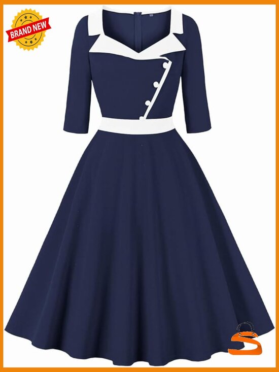 Dresses & Skirts - Vintage 1940s Work Dress Collared 3/4 Sleeves High Waist A-Line Zipper Closure